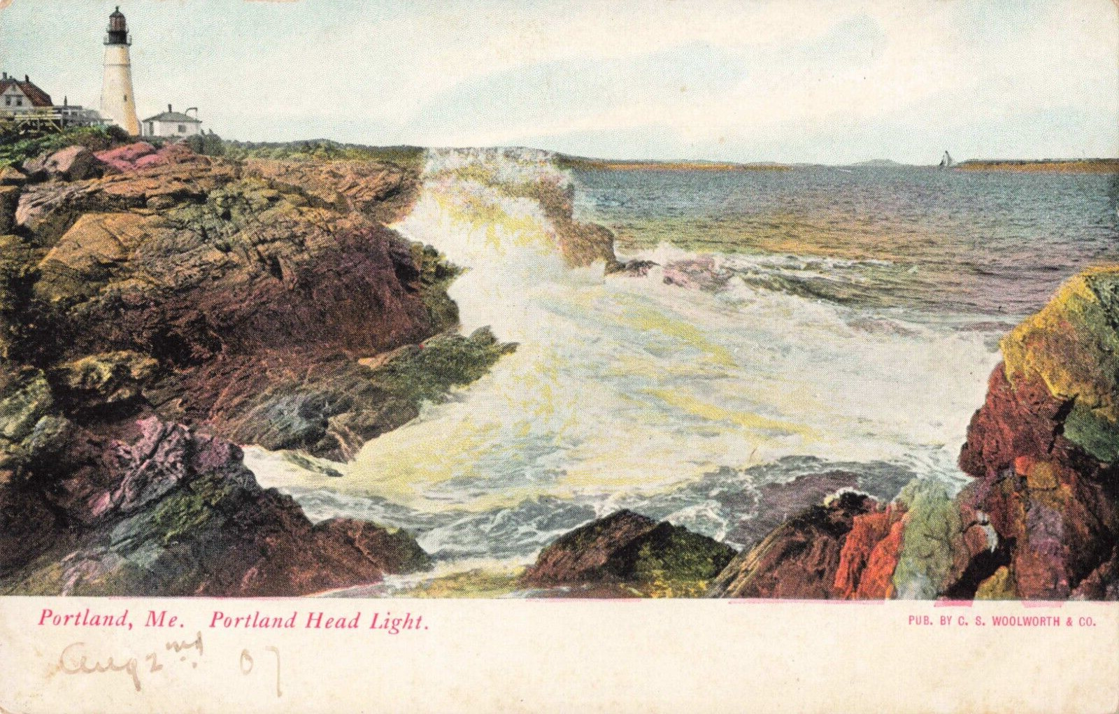 Portland ME Maine, Portland Head Light Lighthouse Rocks Surf, Vintage Postcard