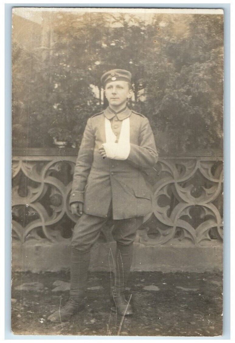 c1914-1918 WWI Wounded German Soldier Cast View Germany RPPC Photo Postcard