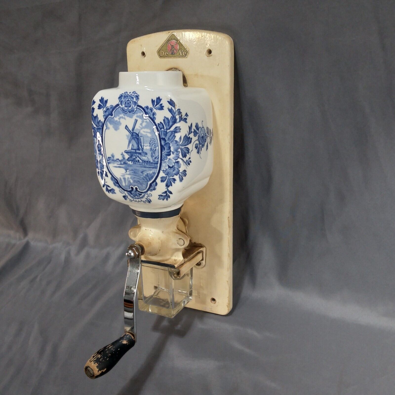 Vintage Coffee Grinder De Ve Holland Blue Delft Windmill Wall Mount Coffee Mill