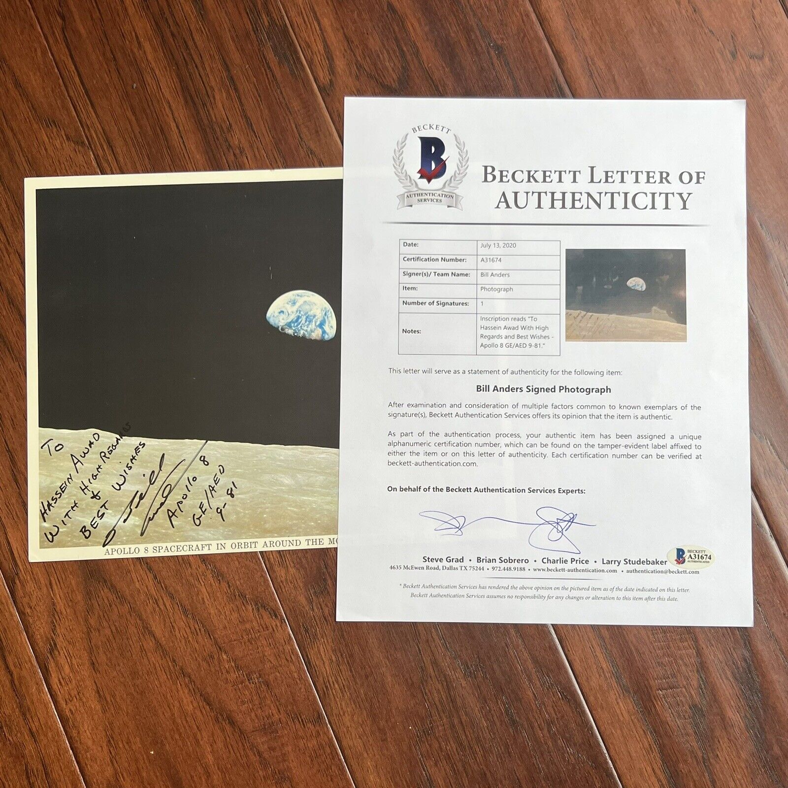 WILLIAM BILL ANDERS * Beckett * Apollo 8 Earthrise Autograph NASA Litho Signed