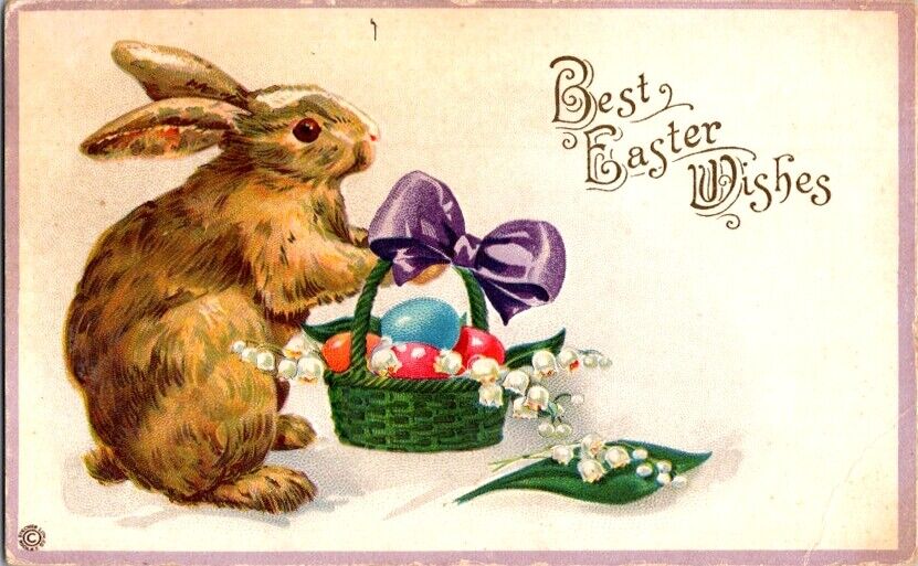 Vintage Postcard Easter Bunny Readies a Basketof Eggs for Easter 1916      J-138