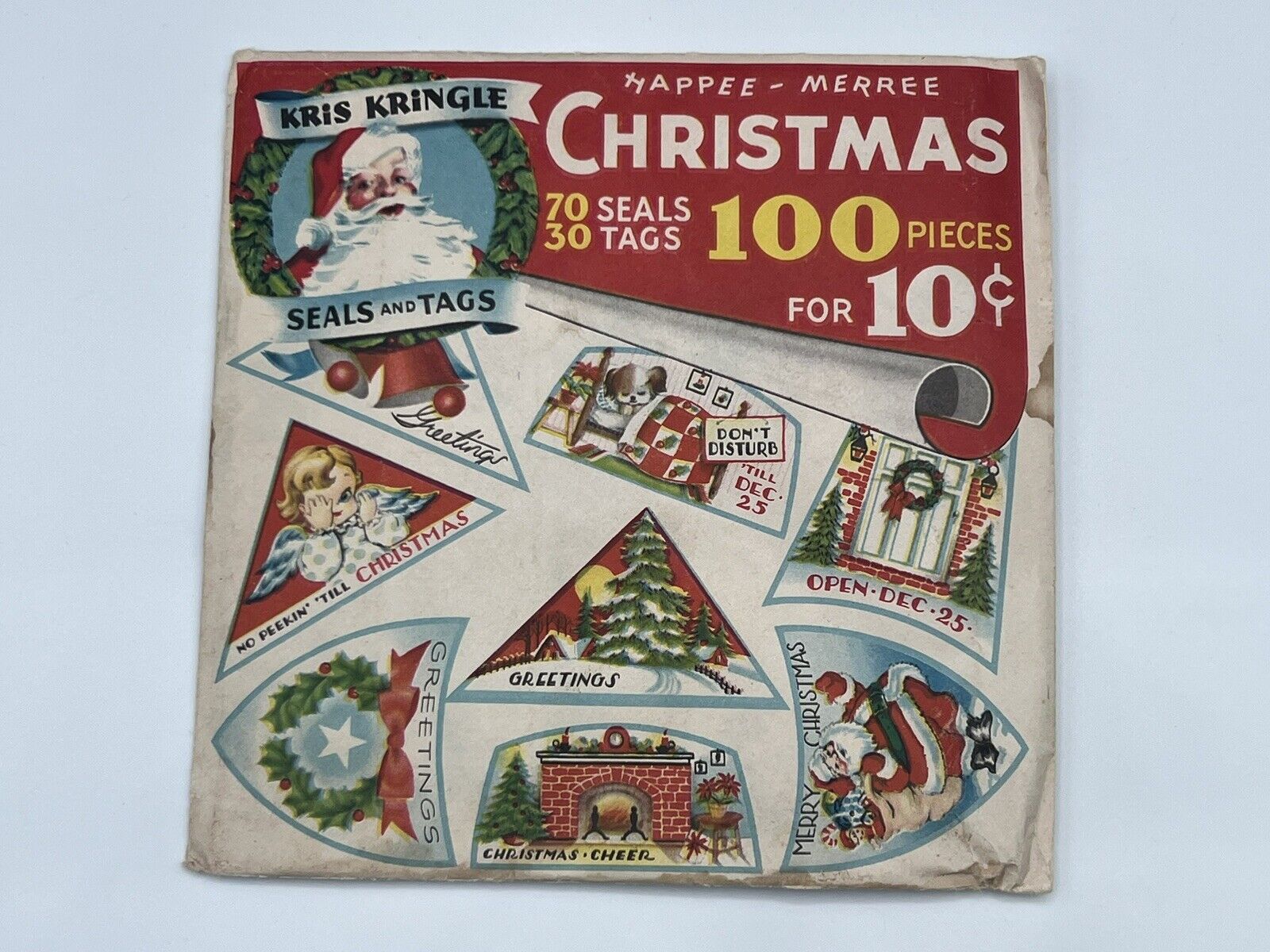 VTG 1946 CHRISTMAS Seal Tags Happee-Merree in PACKAGE Kris Kringle 100 RARE NOS