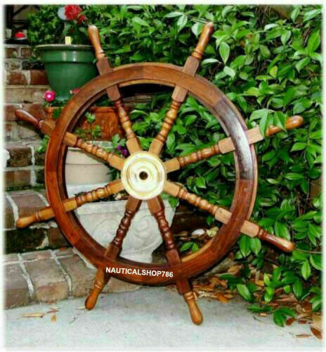 Big Ship Steering Wheel Wooden 36'' Inch Antique Brass Nautical Pirate Ship's