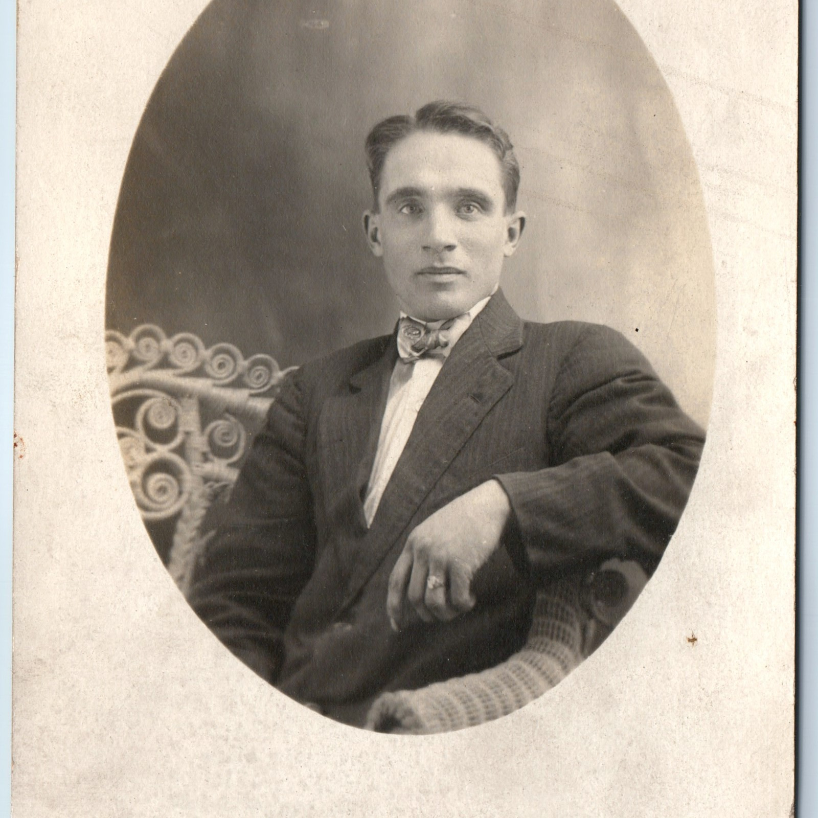 c1910s Handsome Gentleman Portrait RPPC Young Bow Man Broad Brow Real Photo A261