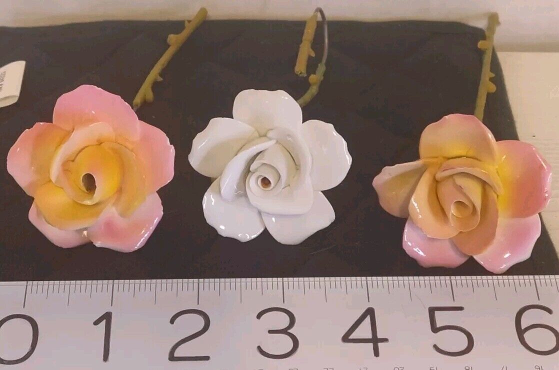 3 Vtg Porcelain Roses 2 Pink & Yellow And 1 White Rose ceramic china READ
