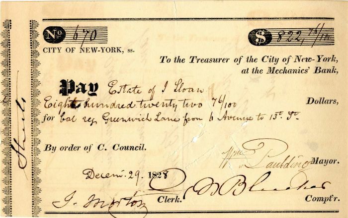 City of New-York at the Mechanics\' Bank signed by Mayor William Paulding, Jr. - 