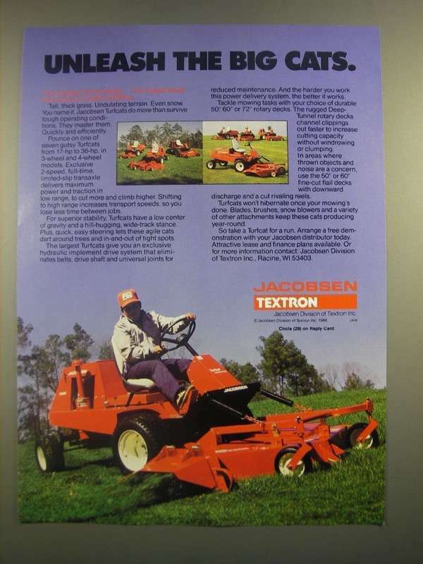 1988 Jacobsen Textron Turfcat Mowers Ad - Unleash the Big Cats