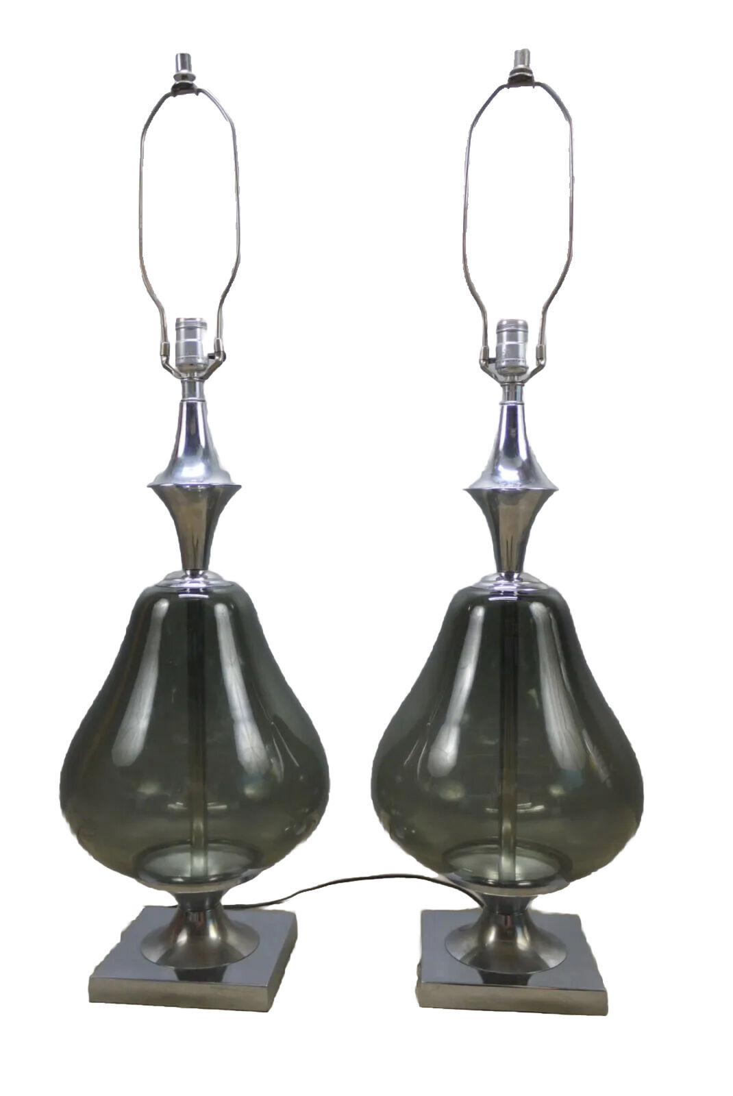 Pair CHROME Smoked Glass 1970s Mid Century MoD Pear SHAPE Large GLAM Table Lamps