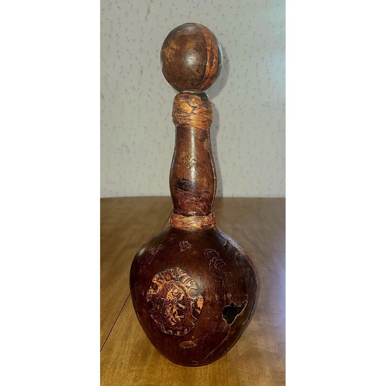 Vintage Italian Leather Wrapped Brown Decanter Bottle with Ball Stopper 12