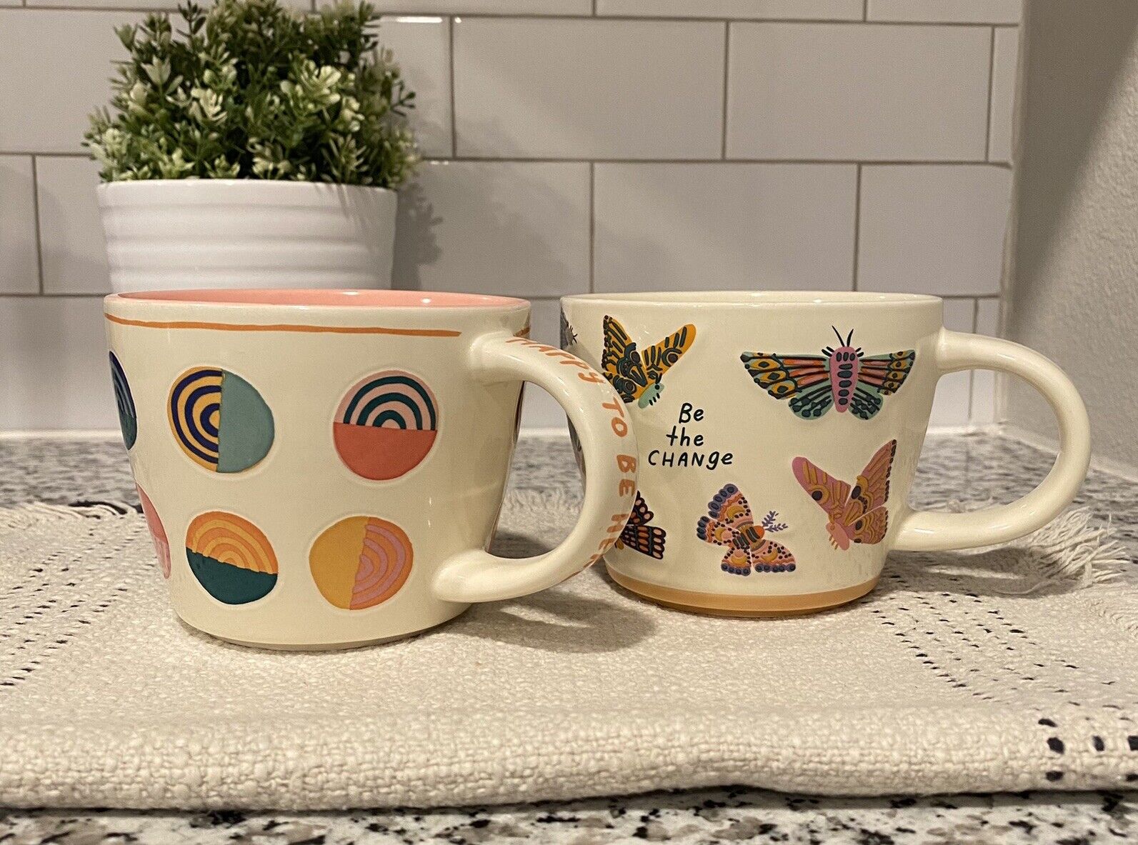 Set Of 2 Target Opalhouse Mug Stoneware Colorful Butterfly Pink Beige Girly