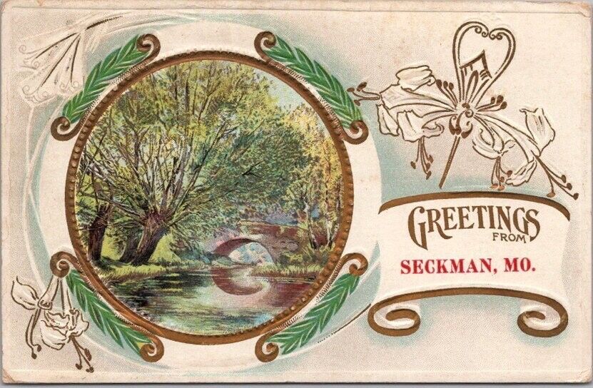 Vintage SECKMAN Missouri Embossed Greetings Postcard Bridge Scene / 1911 Cancel