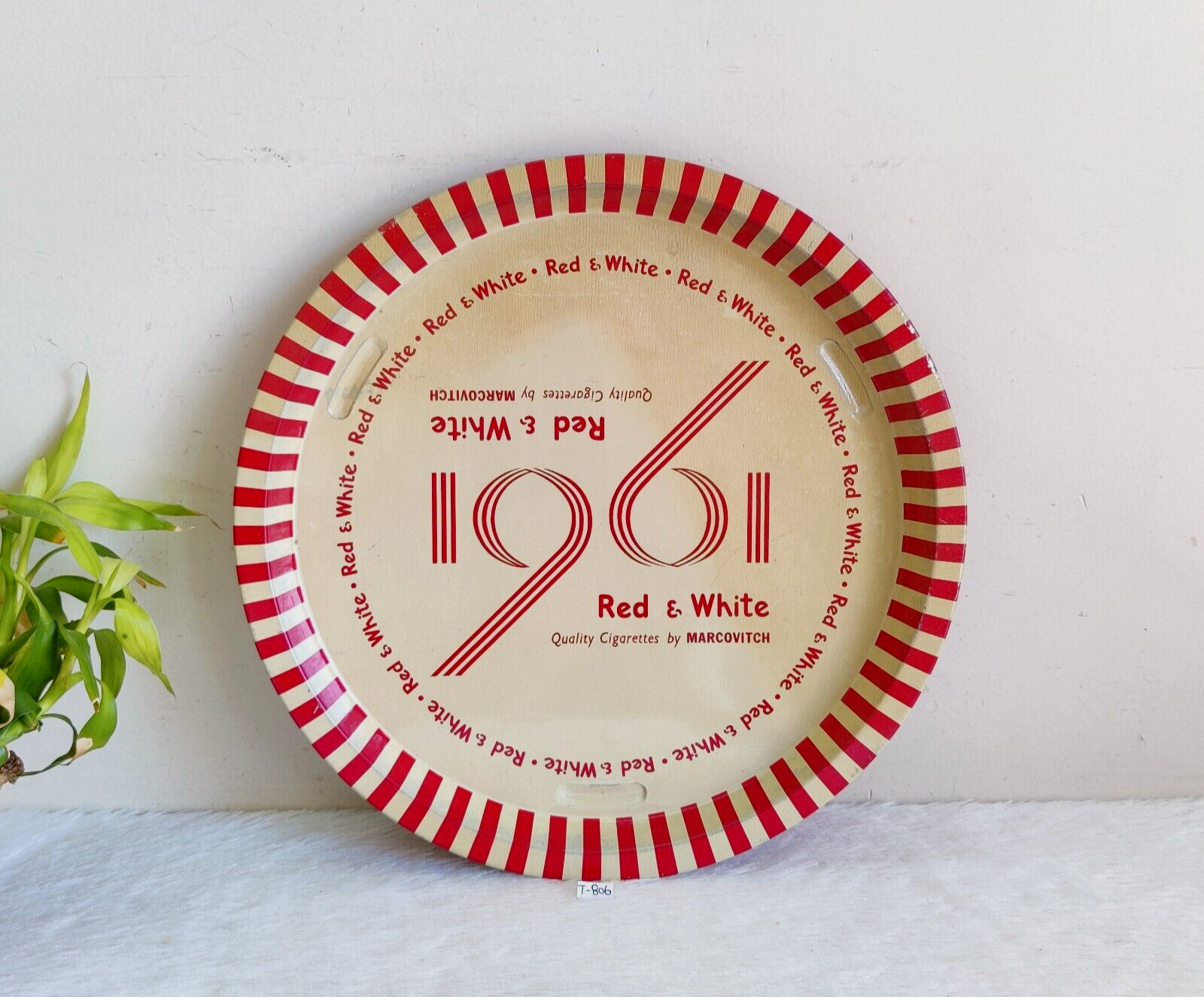 1961s Vintage Red & White Advertising Cigarettes Tin Tray Collectible Props T806