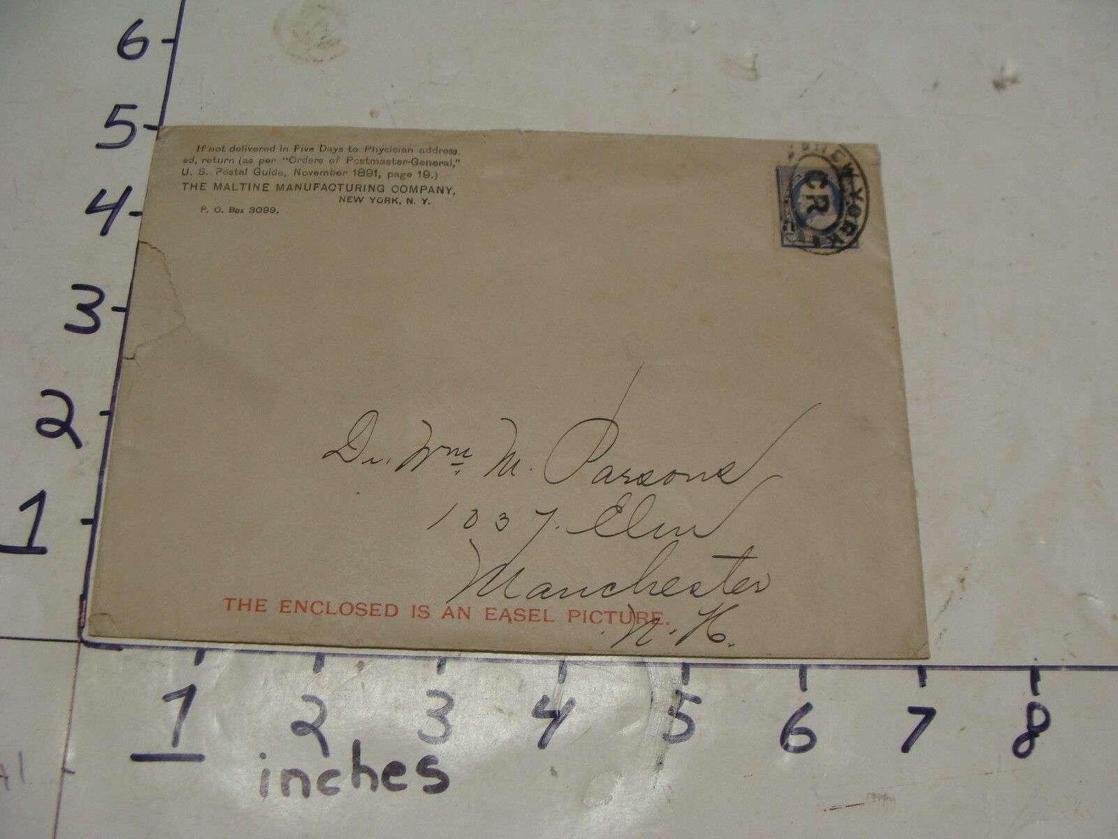 Vintage Paper from DR. PARSONS ESTATE: 1891 envelope Parsons torn