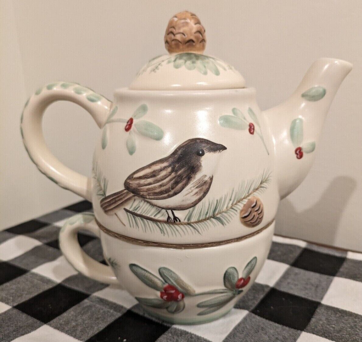 Pfaltzgraff  Winterwood Tea for One, New, Rustic Farmhouse Style, Chickadee Bird