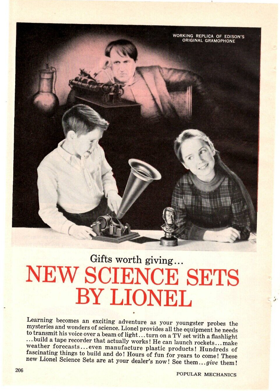 1962 Print Ad  Lionel New Science Sets Working Replica Edison\'s Gramaphone Toy