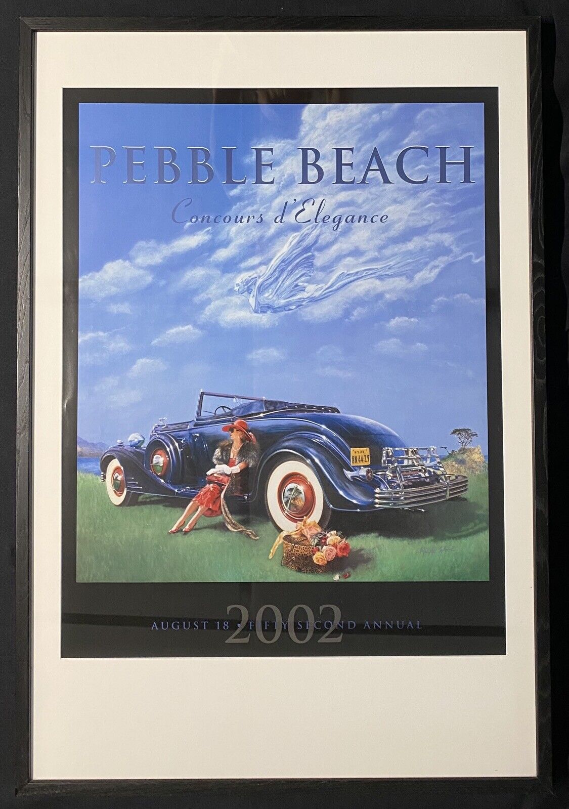 FRAMED 2002 Pebble Beach Concours Poster 1933 CADILLAC Lone Cypress Nicola WOOD