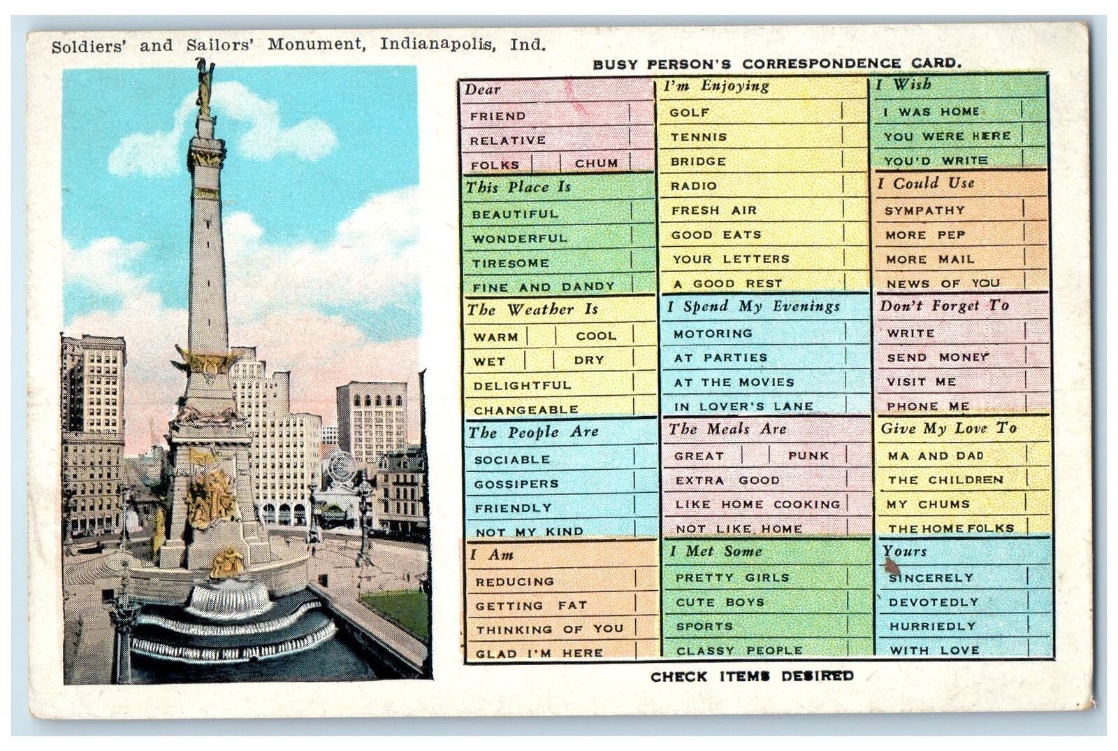 c1920's Soldiers & Sailors Monument Card Guide Indianapolis Indiana IN Postcard