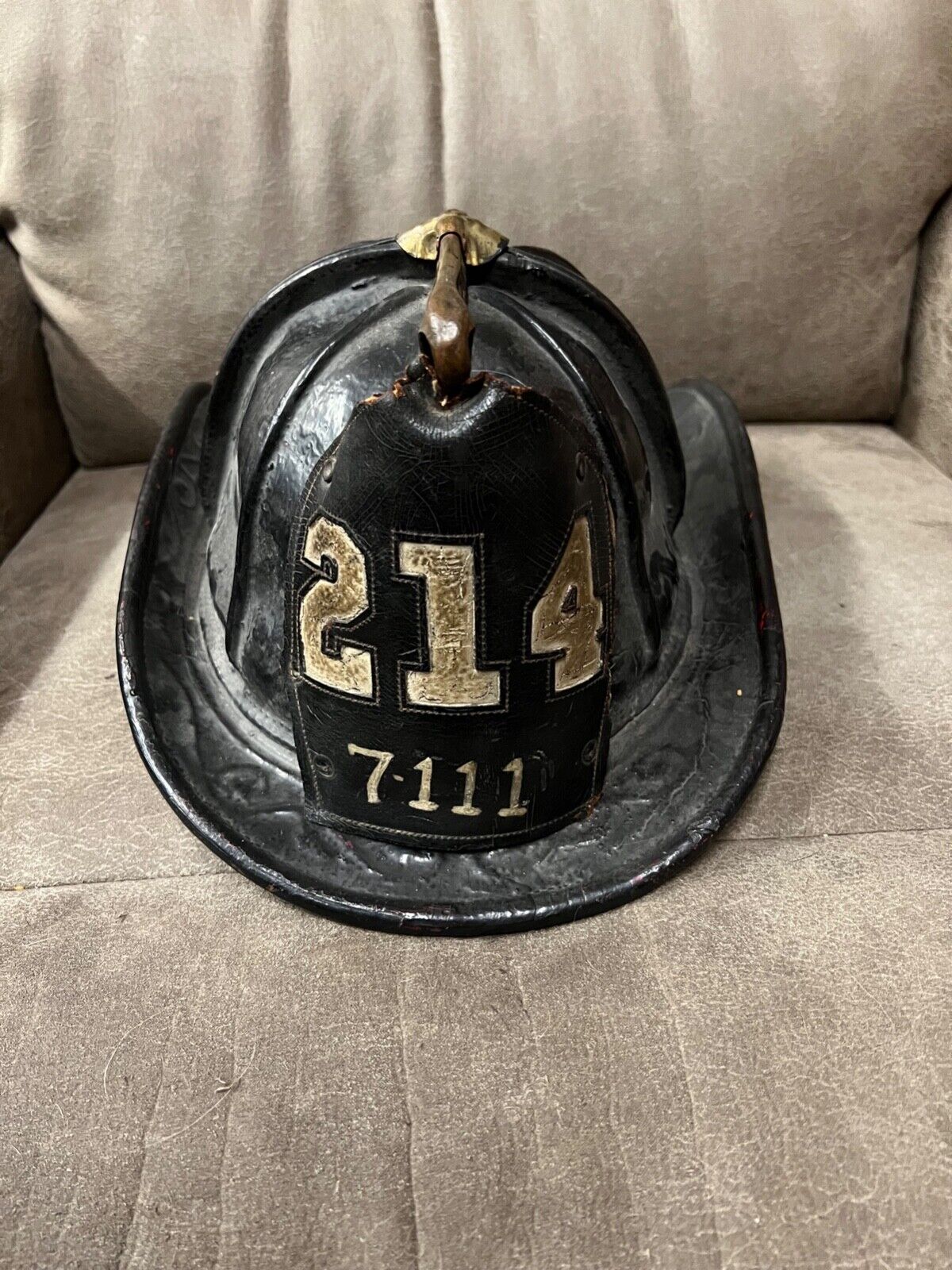 Vintage Cairns & Bros. Leather Fireman Helmet FDNY 214 7-111