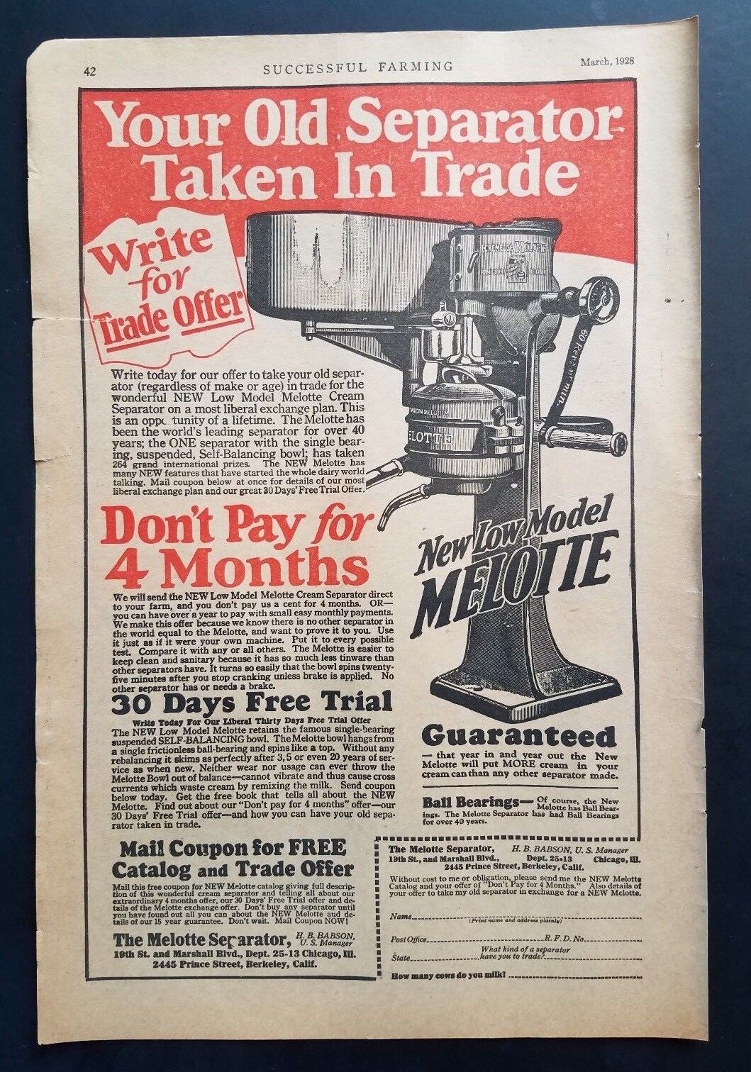 Vintage Print Ad Melotte Cream Separator Dairy Farming Equipment Machinery 1928
