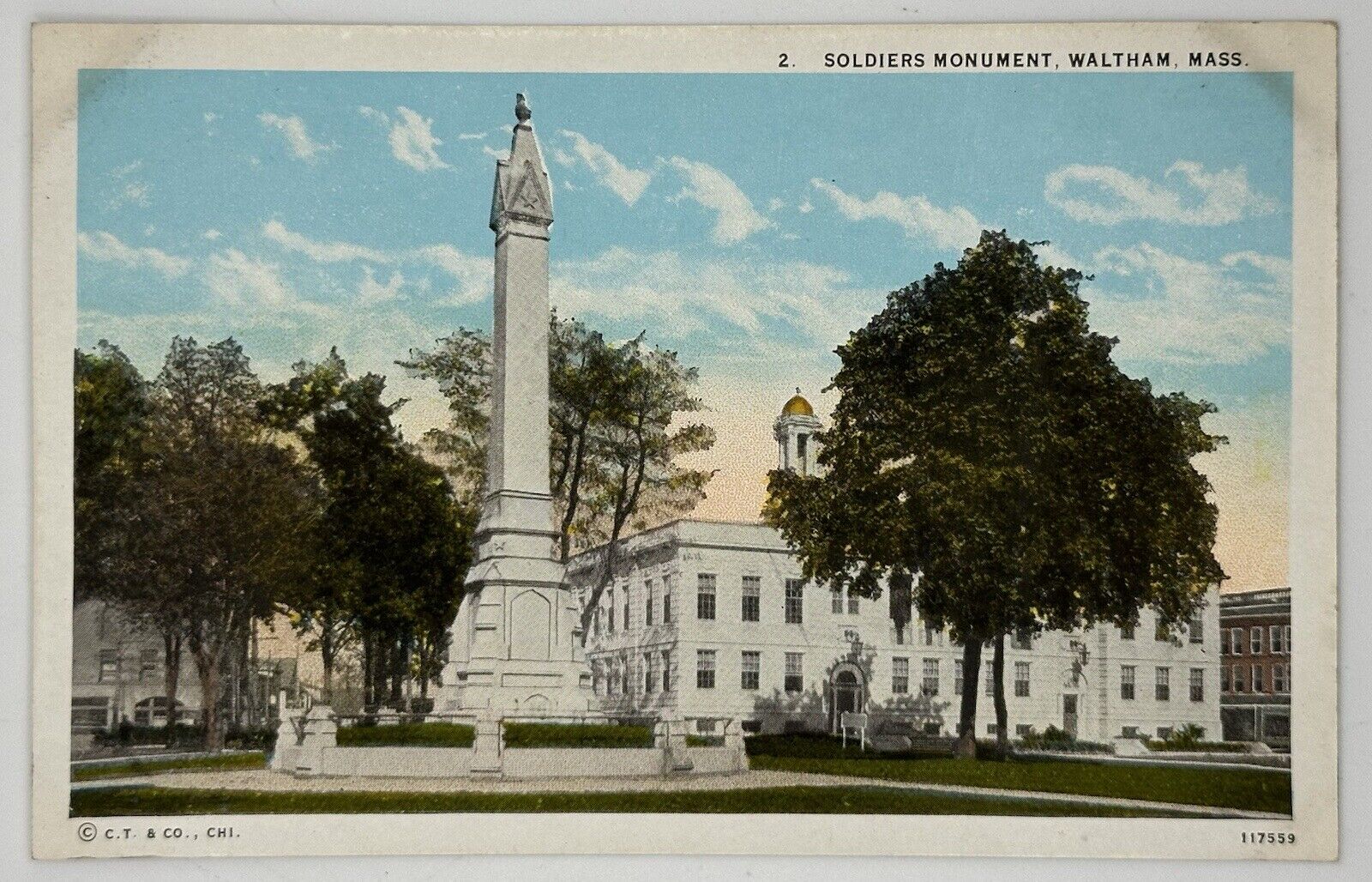 1915-1930 Soldiers Monument Postcard Waltham Massachusetts 