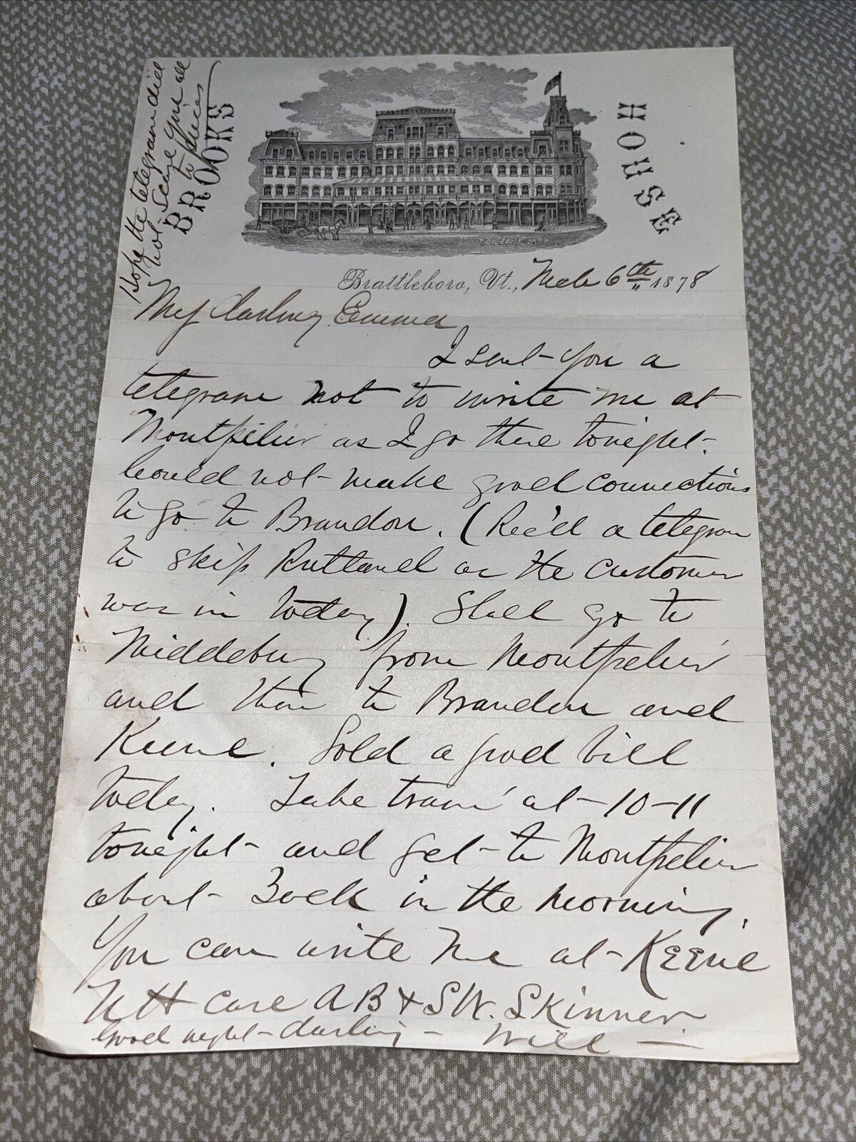 Antique 1878 Letter Brooks House Hotel Letterhead Brattleboro Vermont VT History