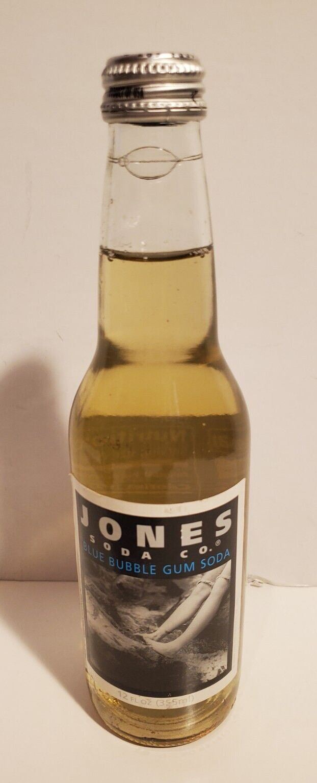 VINTAGE 1990'S JONES SODA GLASS BOTTLE FULL BLUE BUBBLEGUM FLAVOR LIFEBEAT PROMO