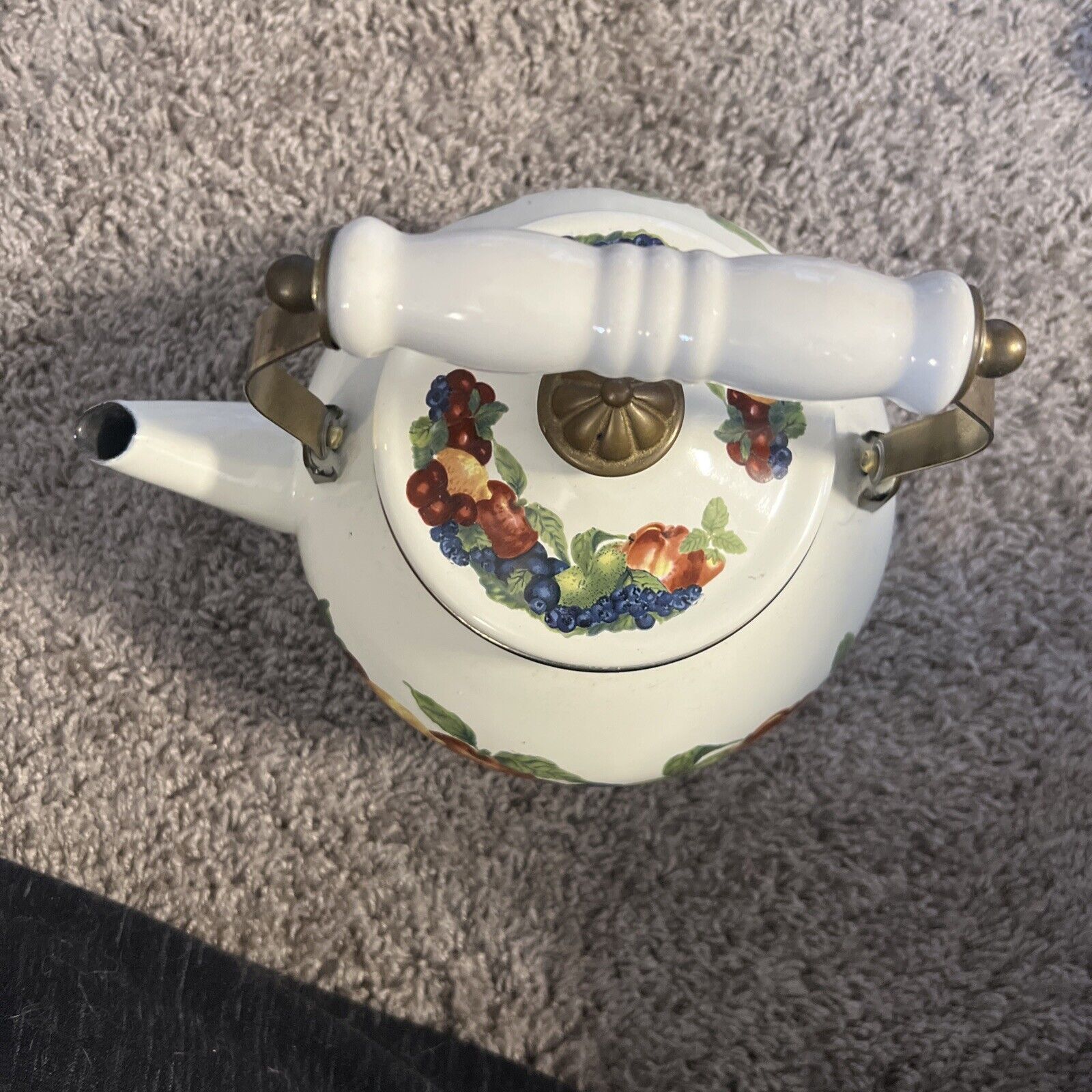 Vintage Enamel Lincoware Tea Pot Kettle White with Fruit Read Description