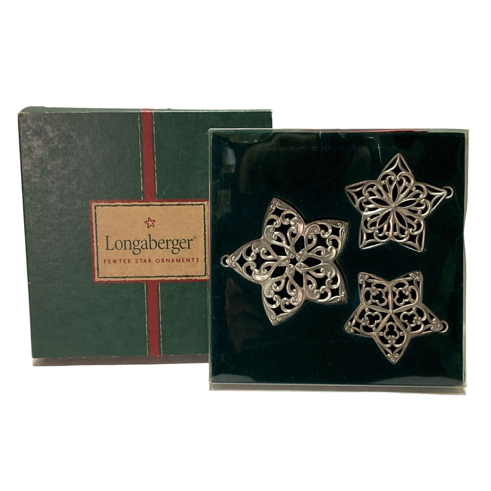 LONGABERGER PEWTER STARS ORNAMENTS IN BOX 2001 IN BOX 3 SIZES No 77623