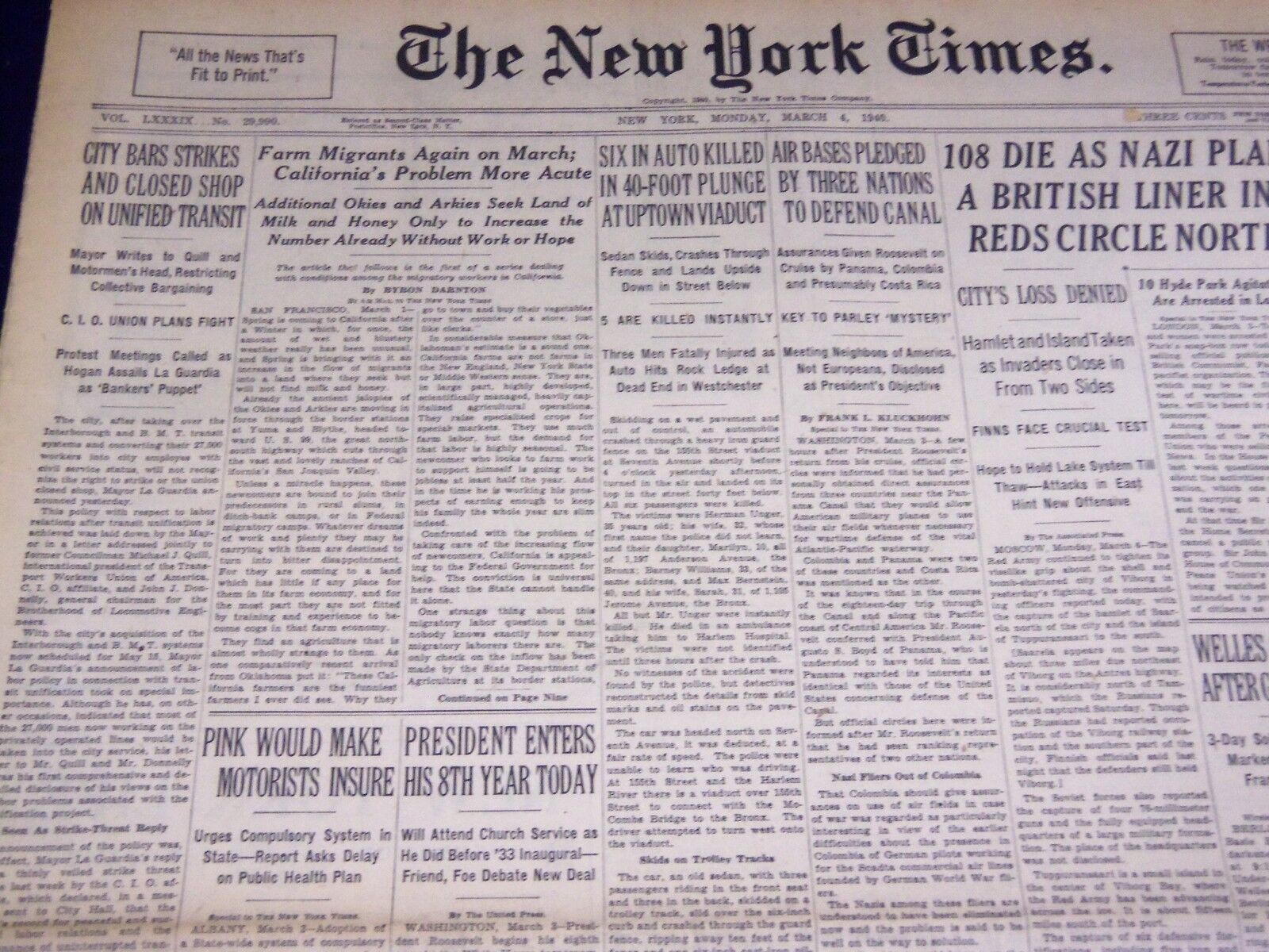 1940 MARCH 4 NEW YORK TIMES - FARM MIGRANTS TO CALIFORNIA - NT 2930