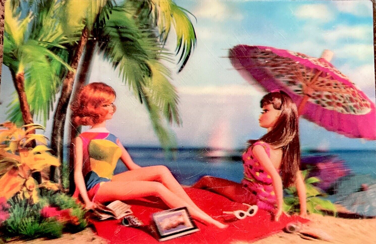 VARI VUE 1967 BARBIE AND STACEY 3D UNUSED POSTCARD Rare HTF Wish You Were Here
