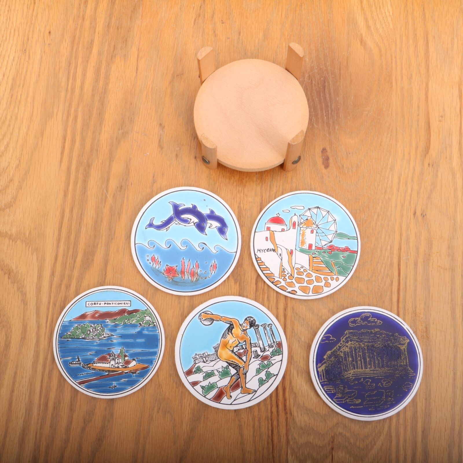 5 Vintage Greece Drink Coasters With Wood Rack