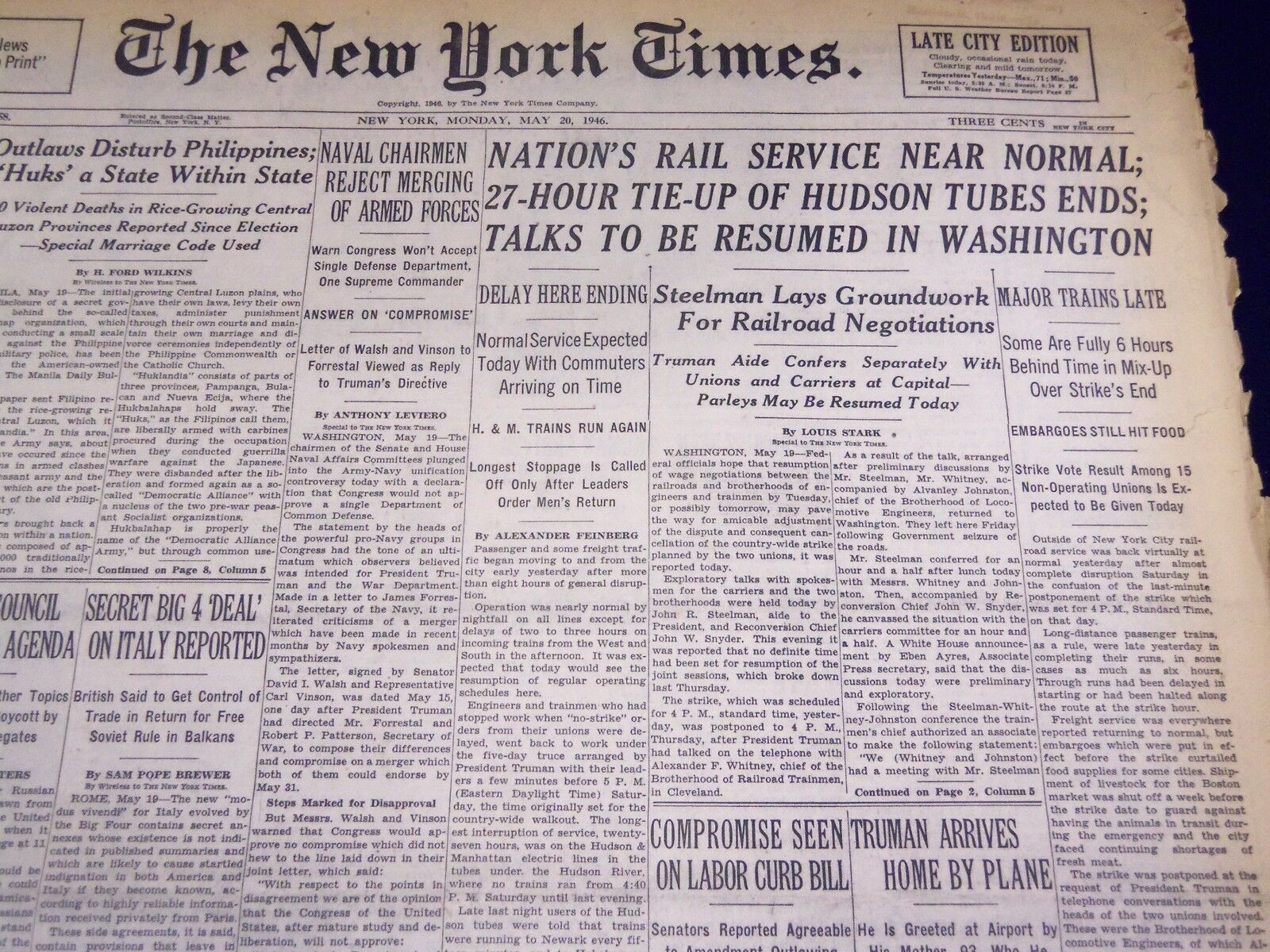 1946 MAY 20 NEW YORK TIMES - NATION'S RAIL SERVICE NEAR NORMAL - NT 2296