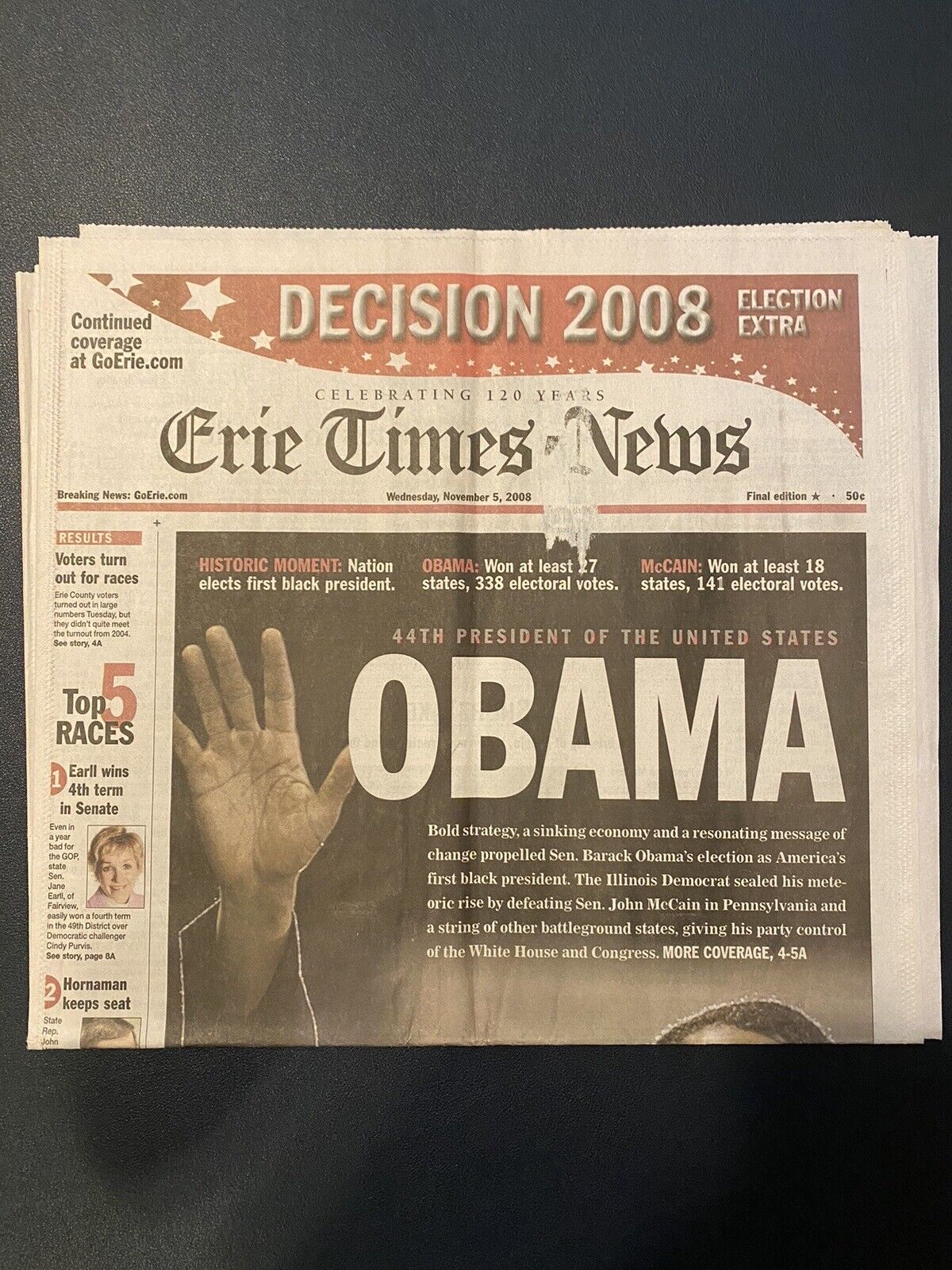 Vintage Newspaper 44TH President Of The United States Obama Erie PA 11/5/2008