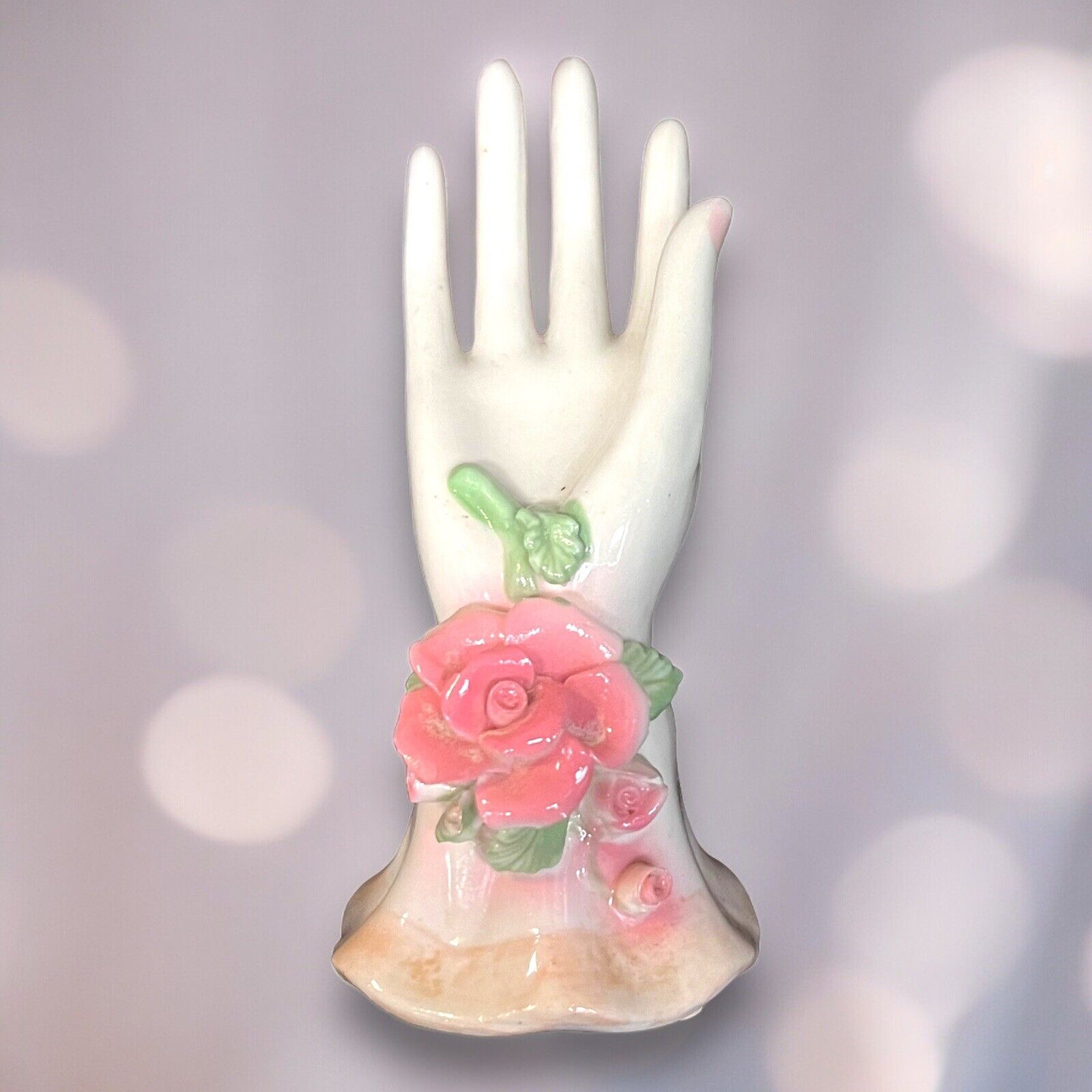 Vintage Porcelain Hand Ring Holder Figurine White with Pink Roses MCM Vanity