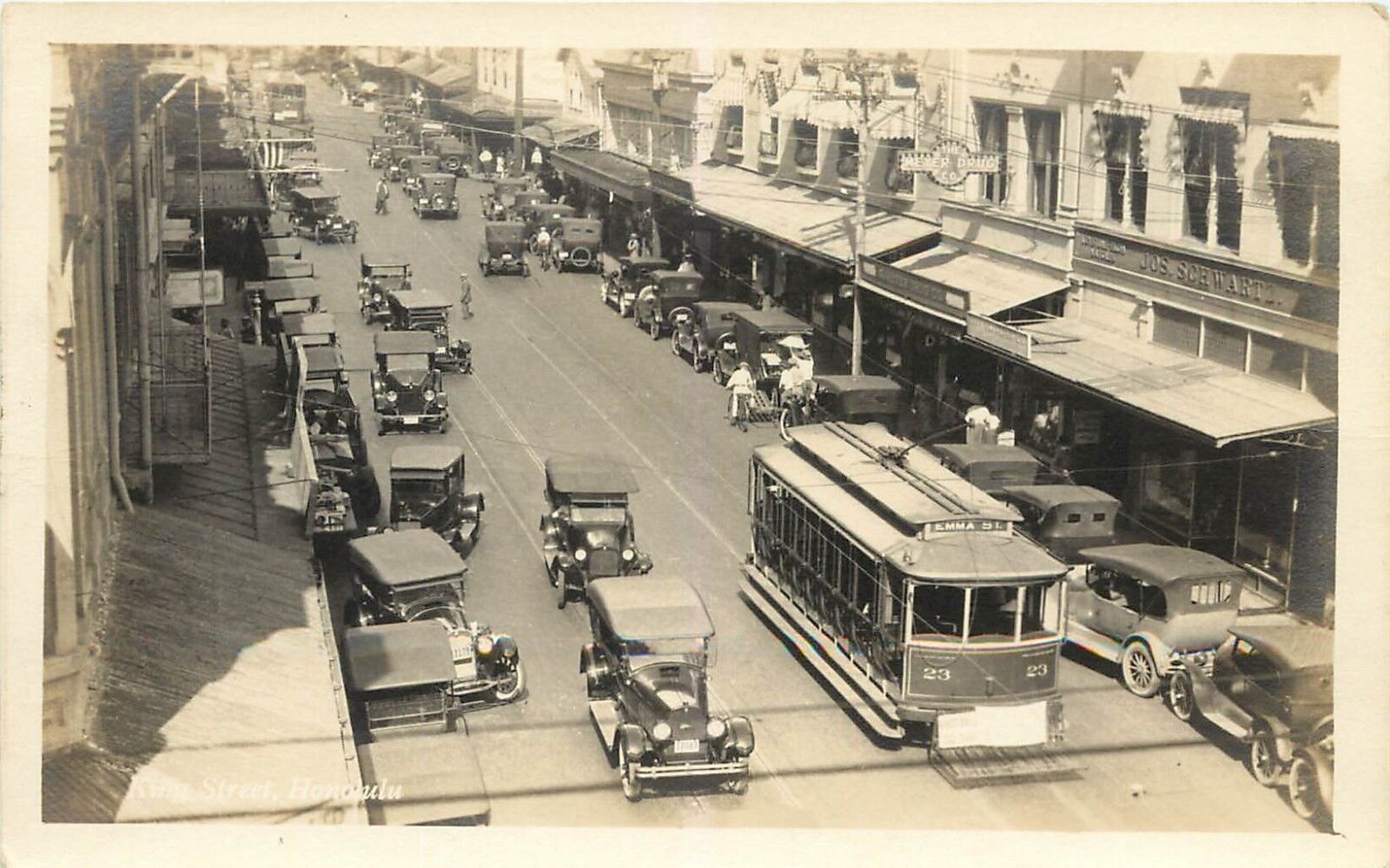 RPPC Postcard; King Street Scene Honolulu HI Cars & Trolley, Signs, c1930?