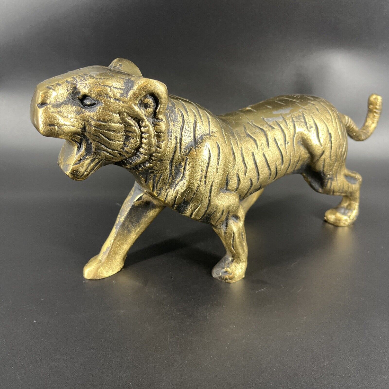 Vintage MCM Style Large Brass Colored Prowling Tiger Figurine Sculpture 15.5”