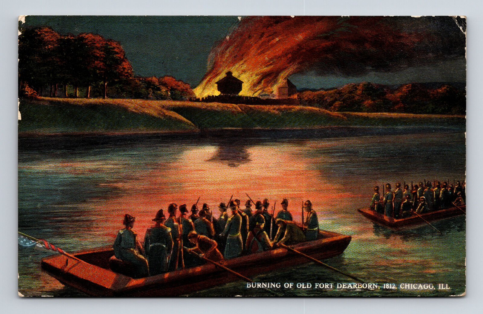 1916 Burning of Old Fort Dearborn War of 1812 Chicago IL Postcard