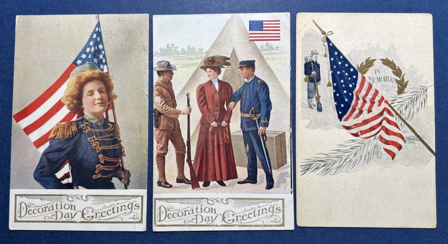 3 Nice Decoration Day Antique Patriotic Postcards. 1909 era. 2 are set.