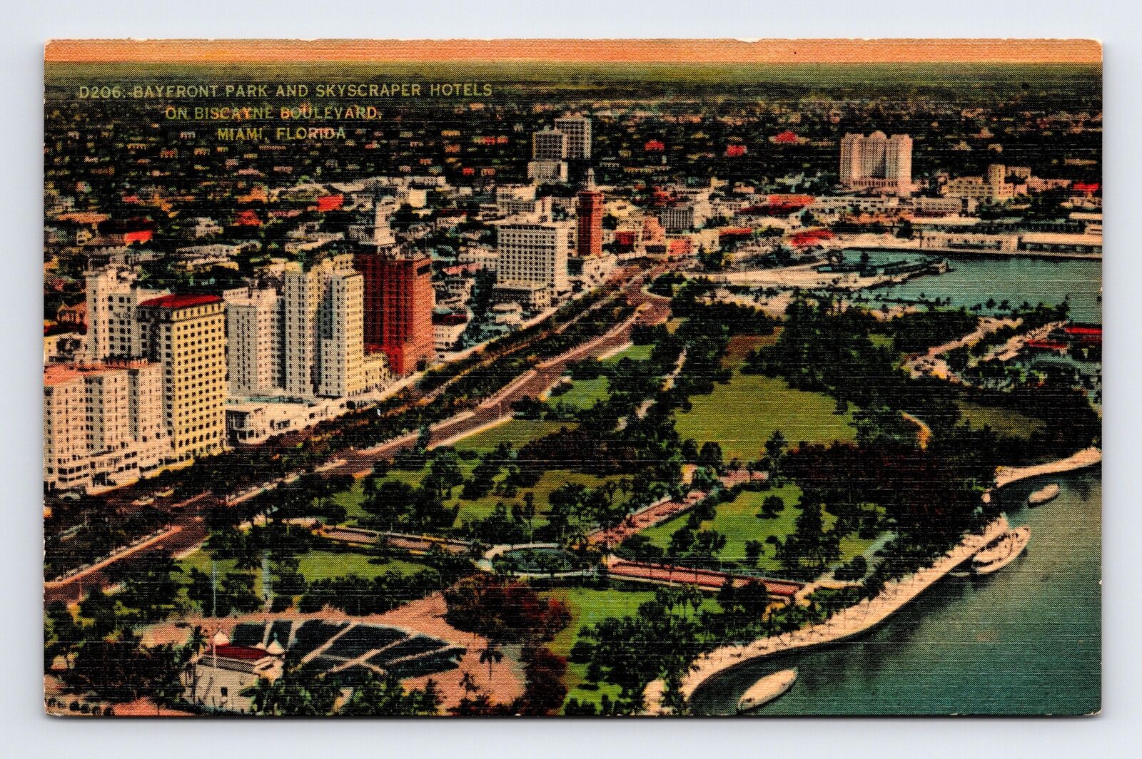 Linen Postcard Miami FL Florida Aerial View Bayfront Park Skyscrapers