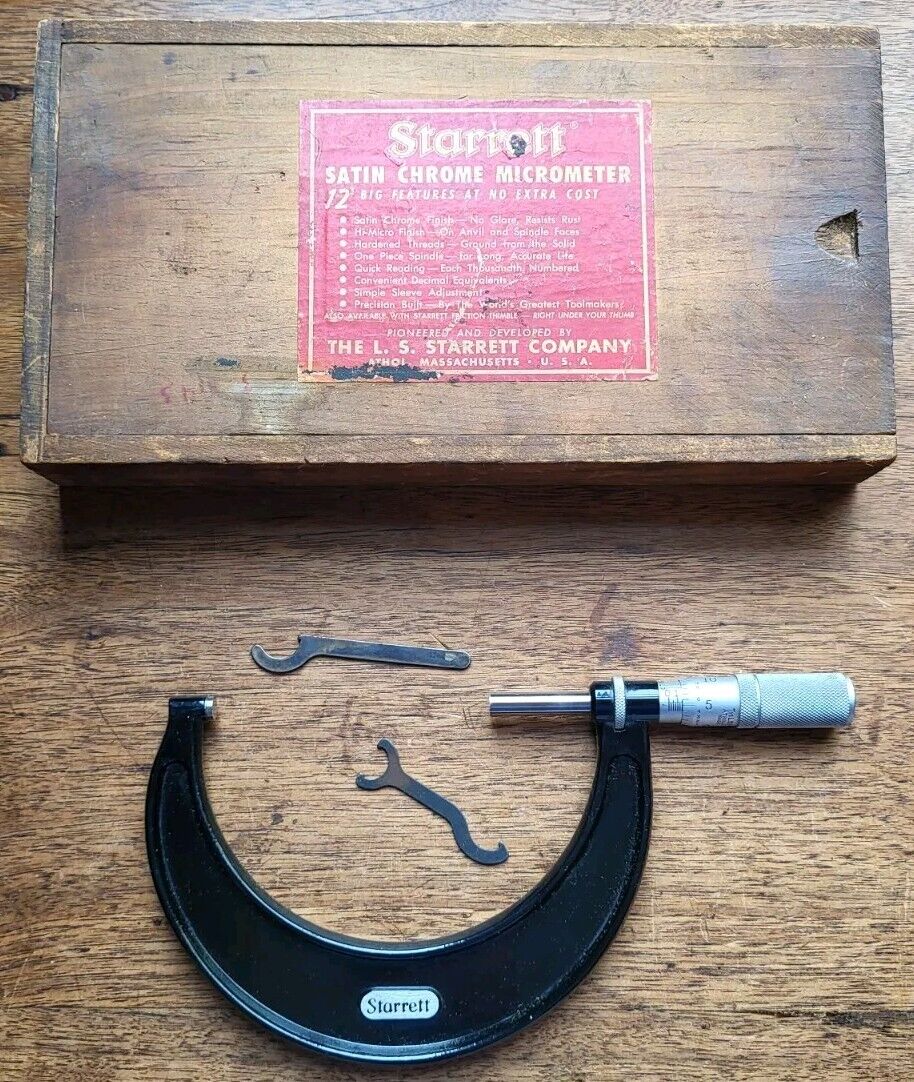 Vintage L. S. Starrett No. 436F 3-4” Outside Micrometer w/(2) Wrenches & Box USA