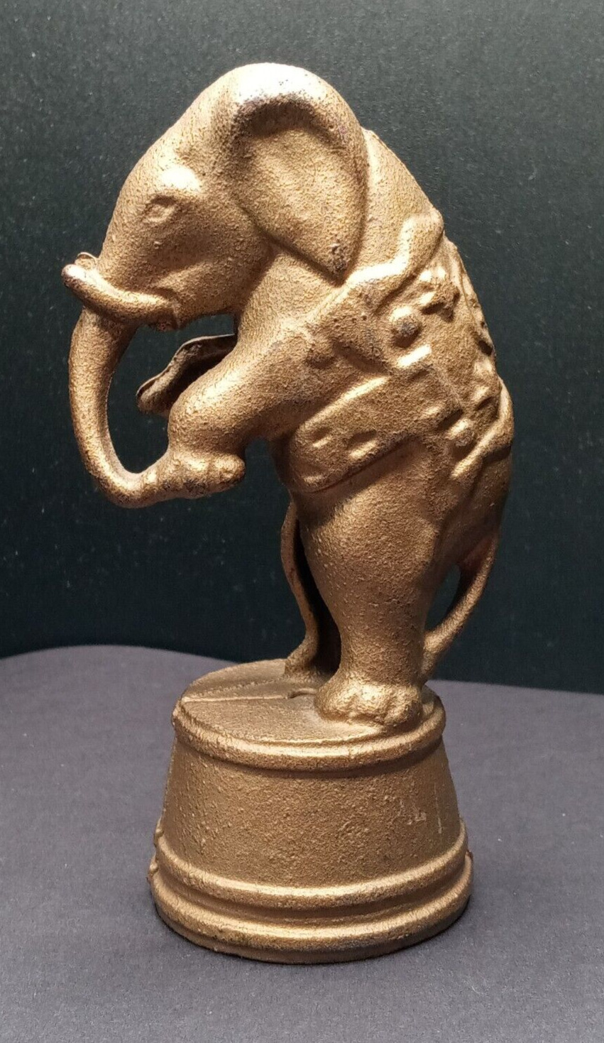 Vintage Cast Iron Coin Bank Circus Elephant Standing On A Barrel 5 inches tall