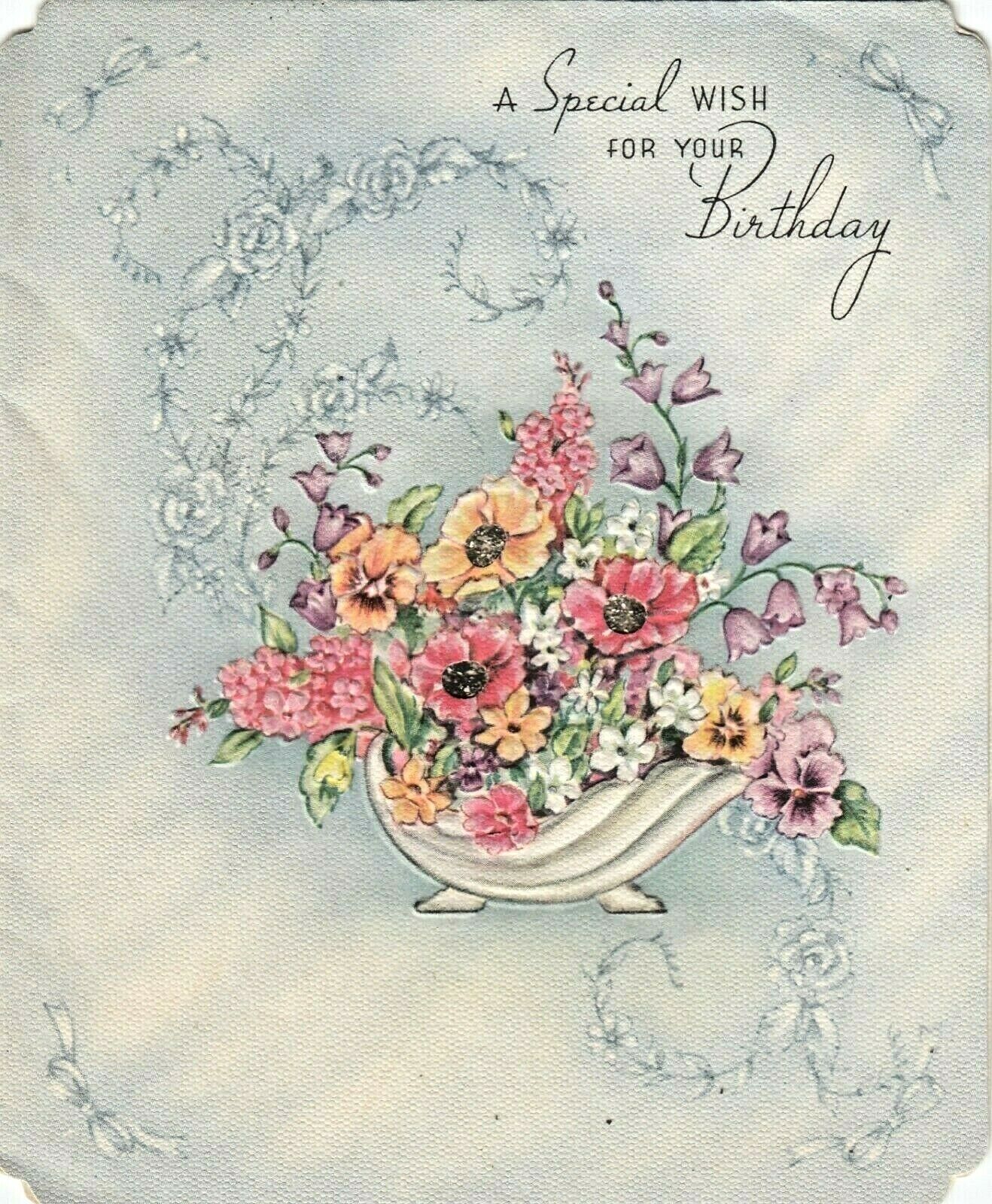 Vintage BIRTHDAY CARD  FLOWERS IN BASKET  CENTER GLITTER  EMBOSSED USED 