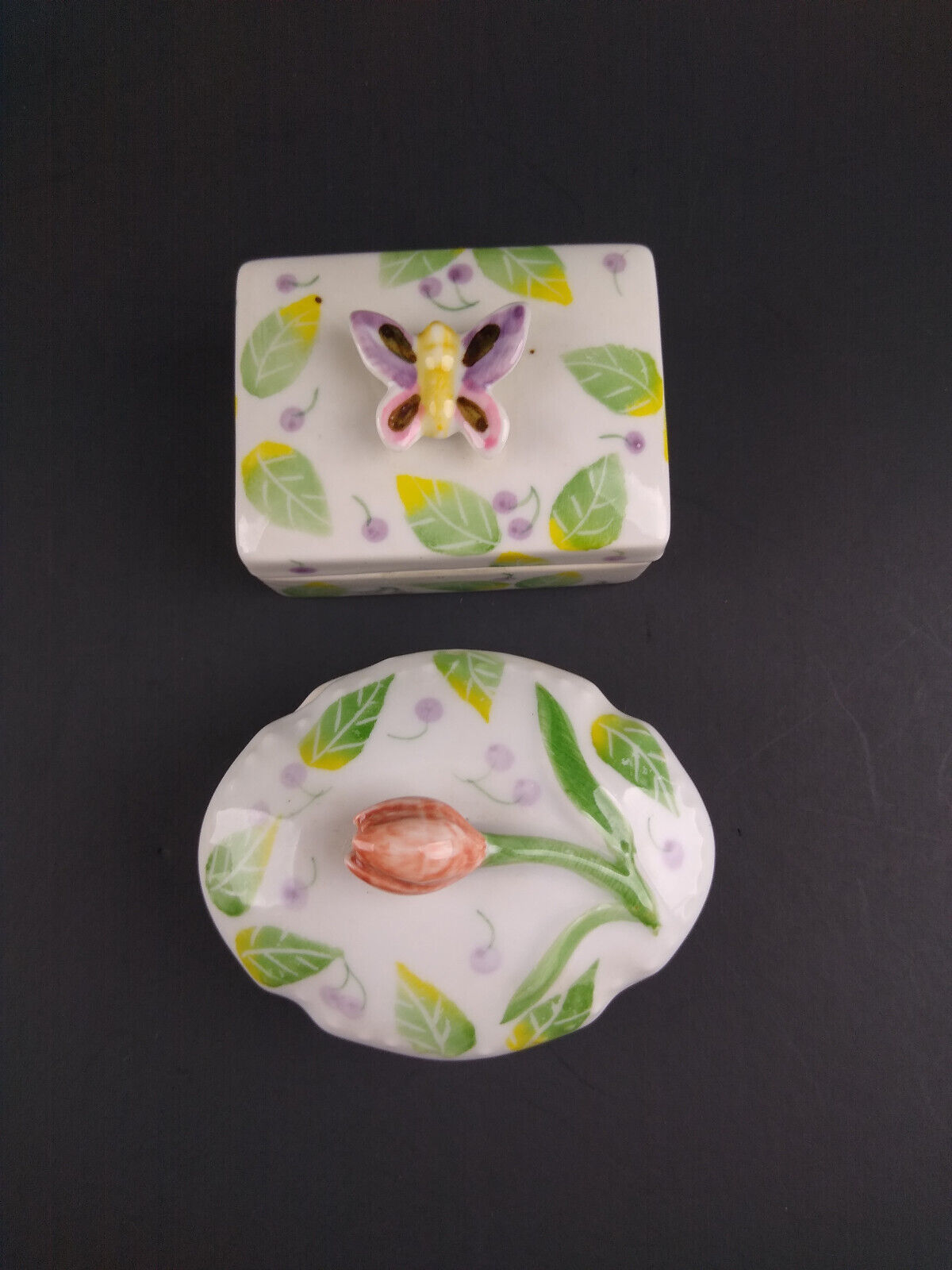 Ceramic Butterfly and Tulip Trinket Box Ring Holder Lot of 2 Pink Purple Vintage