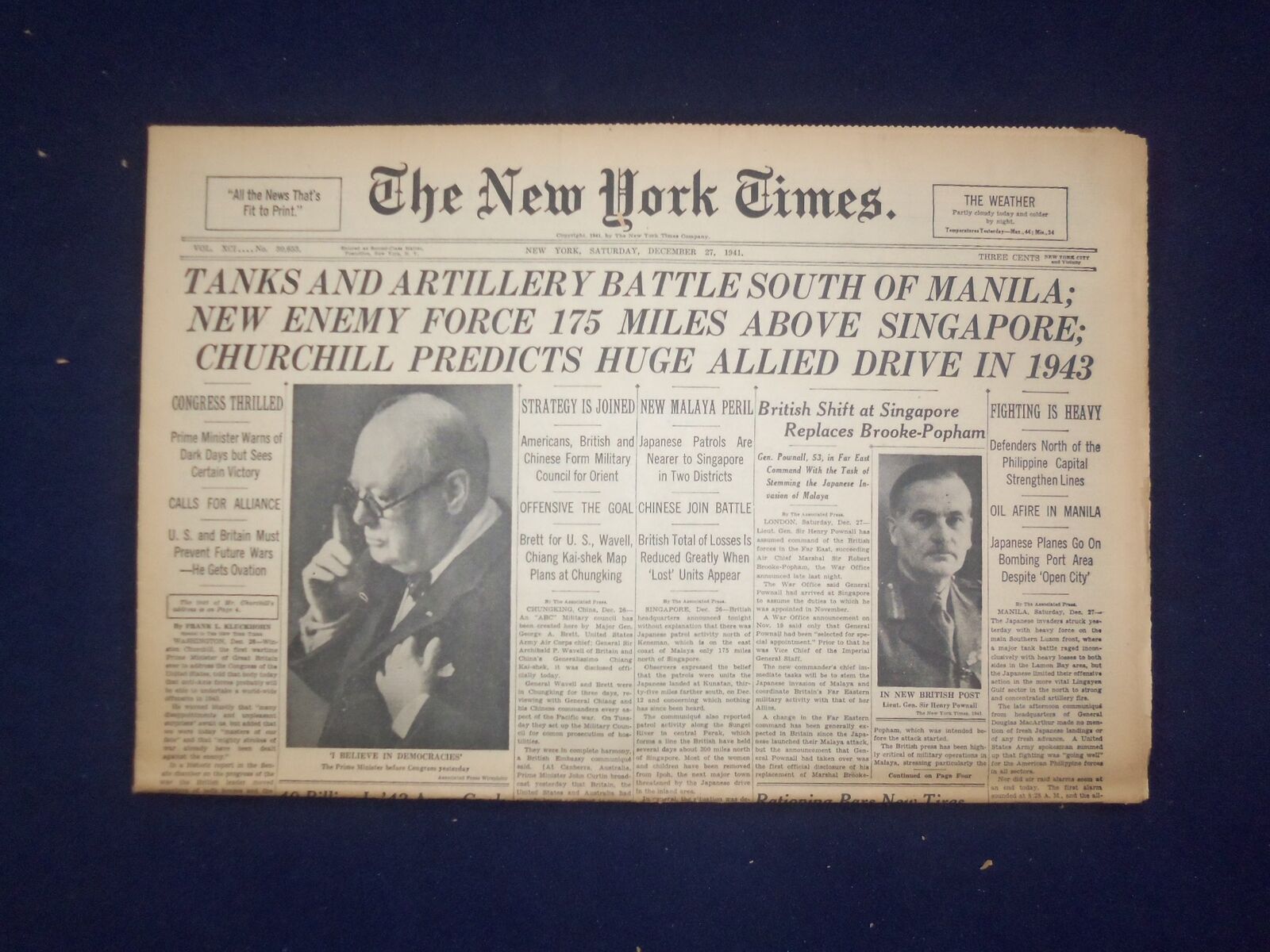 1941 DEC 27 NEW YORK TIMES-CHURCHILL PREDICTS HUGE ALLIED DRIVE IN 1943- NP 6491