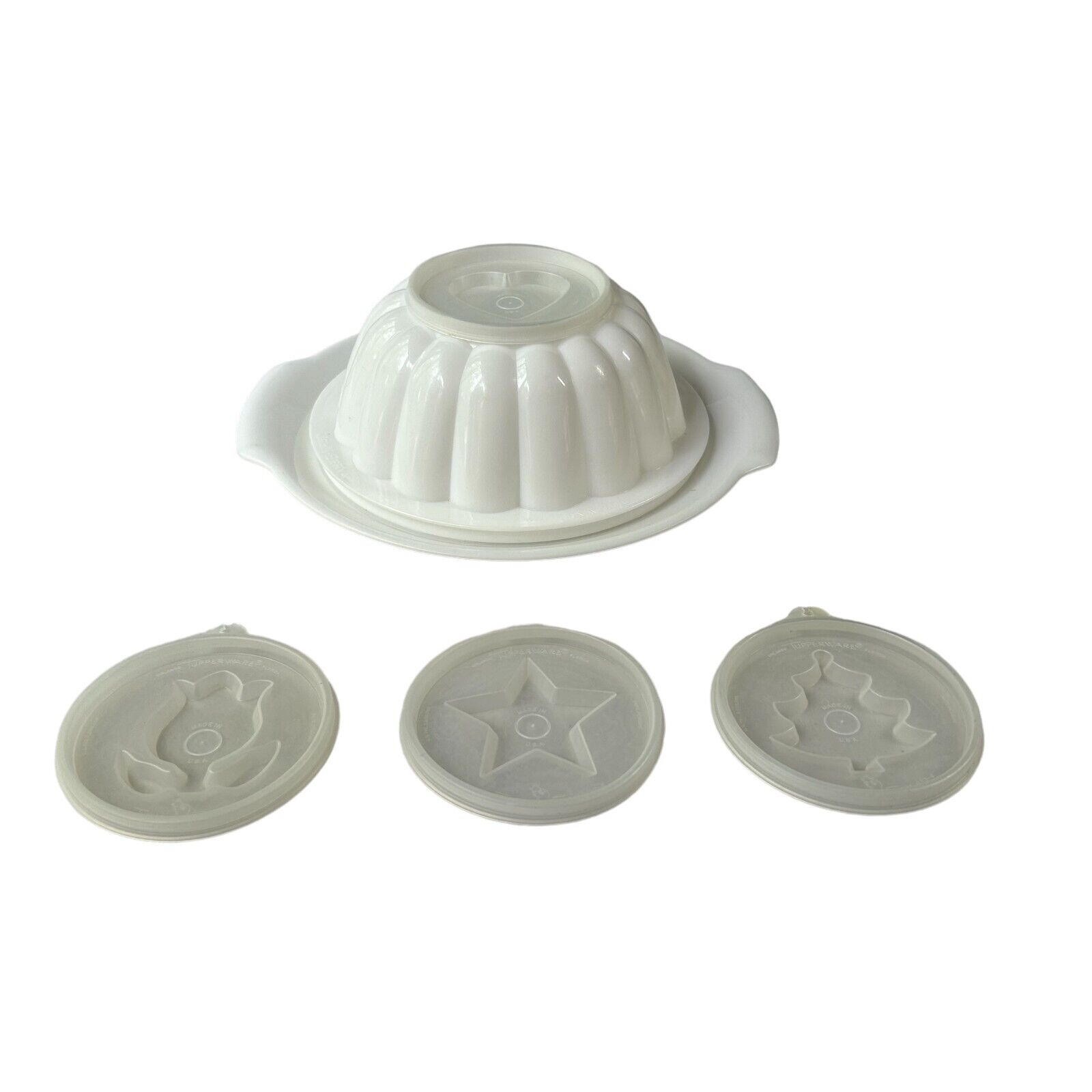 Vintage White Tuppeware Jello Mold with four shaped lids and serving tray