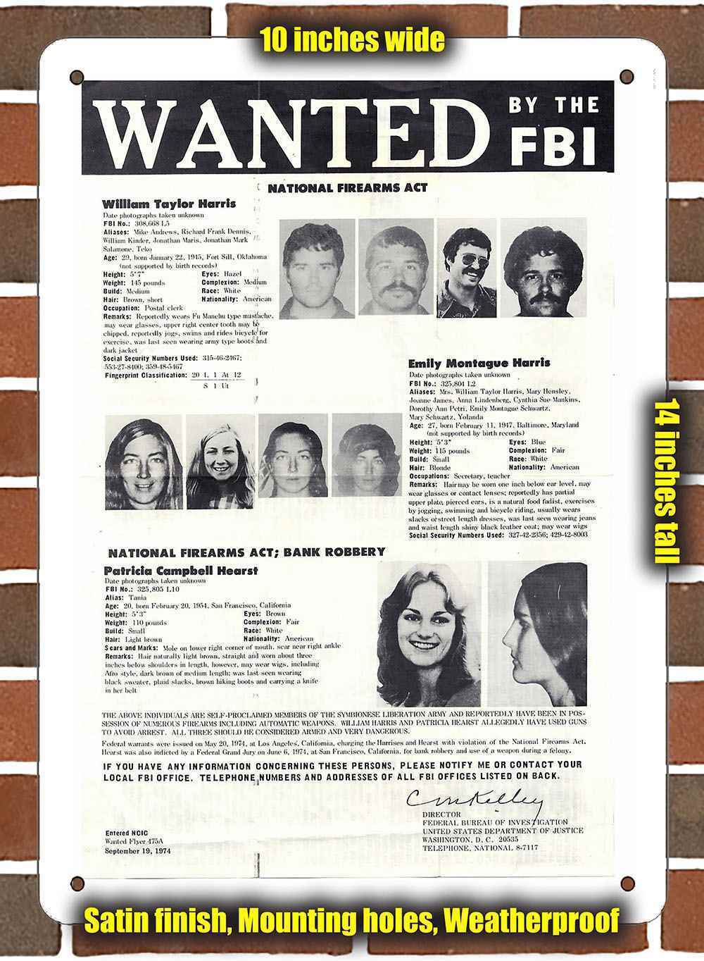 Metal Sign - 1975 Patricia Hearst Wanted Poster- 10x14 inches
