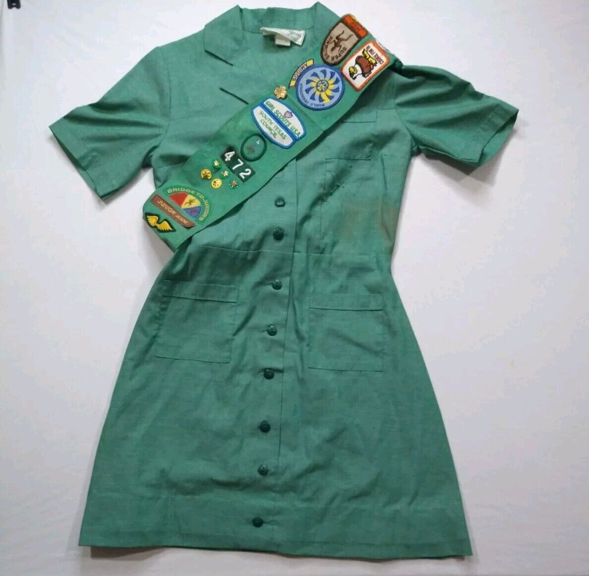 Vintage 1970s Girl Scout South Texas Troop Uniform Dress With Sash Badges Pins