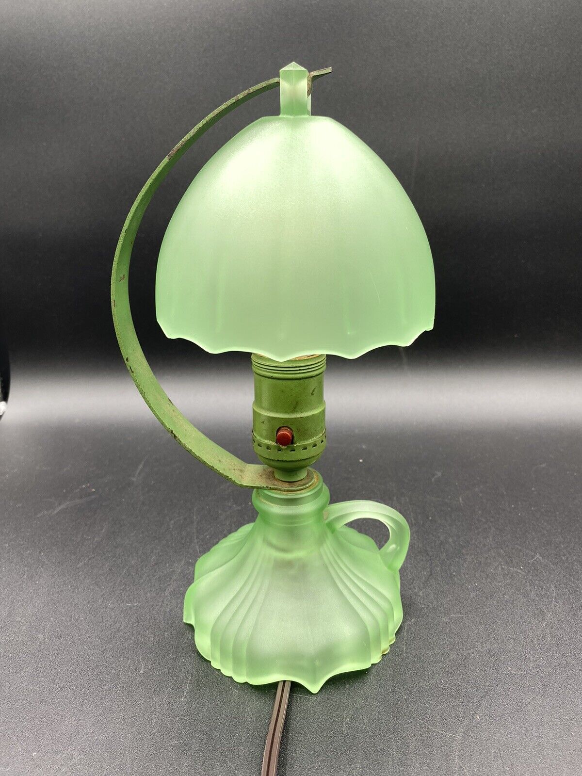 Antique Art Deco Green Satin Boudoir Glass Lamp & Shade