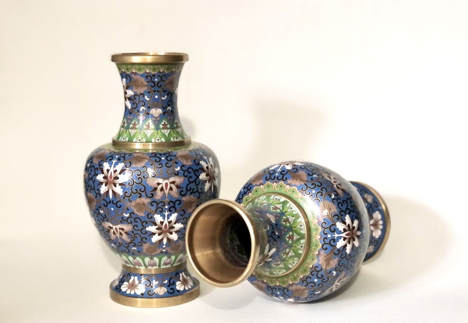 Identical Pair 8.5” Gilded Chinese Cloisonne Haitangzun Vases - Chenghua Lotus