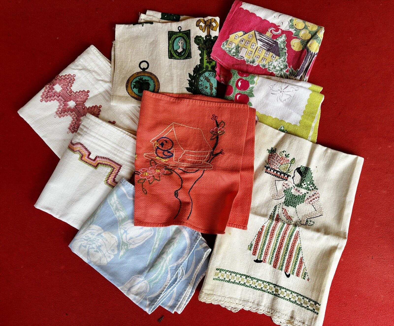 Vintage 40s Hand Embroidered Linen Tea Towel Lot 